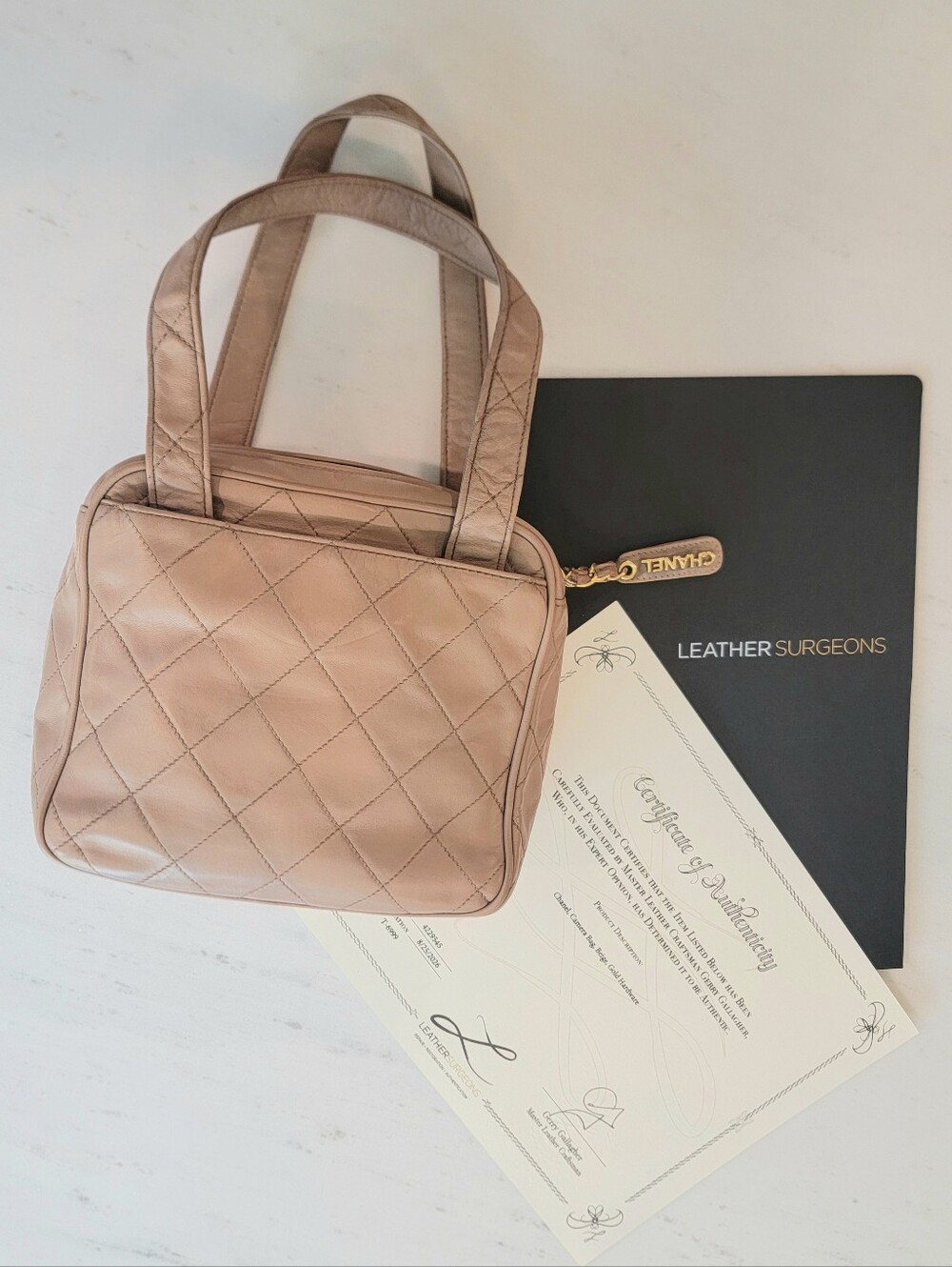 CHANEL Vintage Quilted Square Handle Bag Lambskin Leather Gold Hardware Tote COA